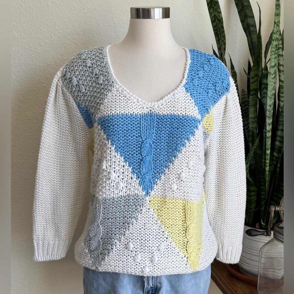 Vintage Wye Oaks‎ Hand Knit Patchwork Sweater Colorblock spring summer